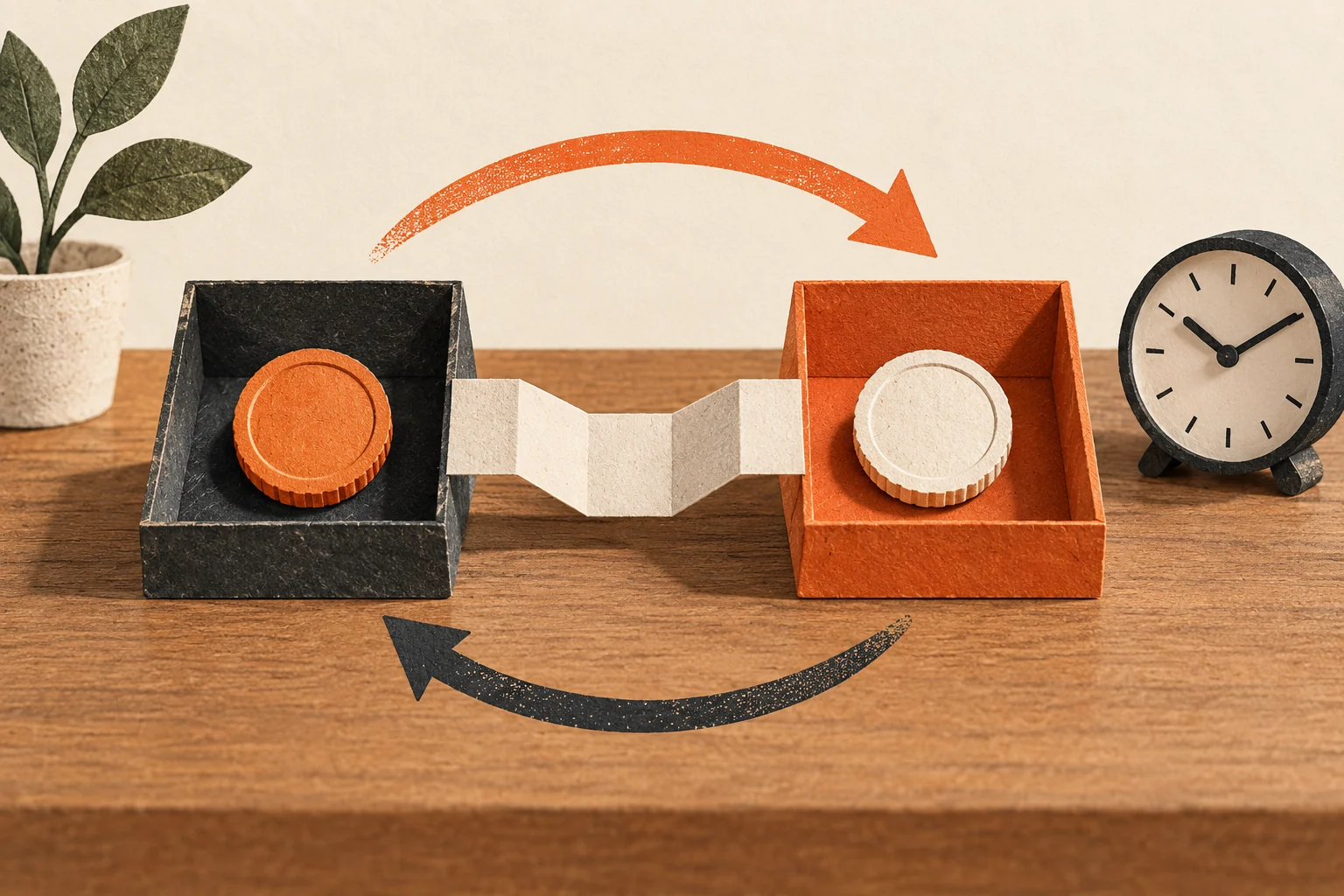 Two token compartments connected by a paper linkage, with a clock beside them.