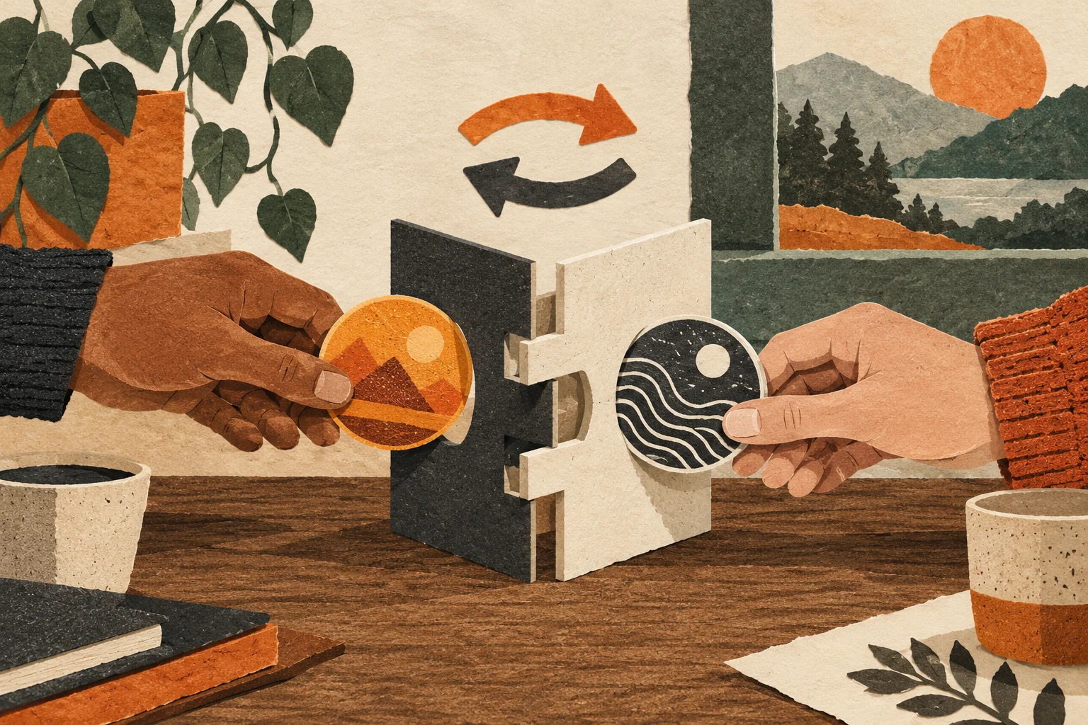 Two people exchanging tokens through a linked paper mechanism.