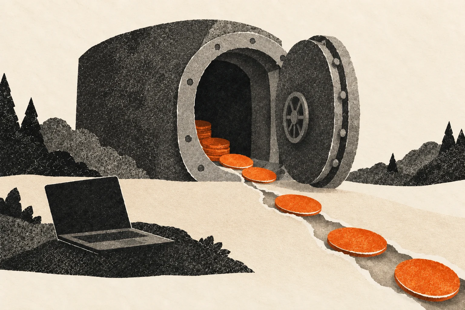 Coins spill from a shared vault while a laptop sits nearby.