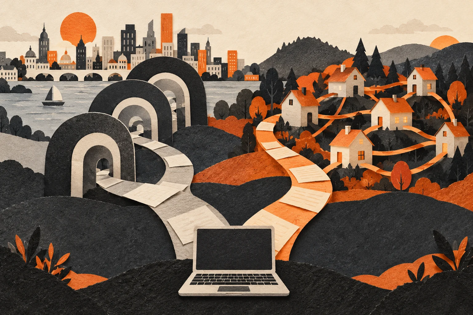 Two paths connect a laptop to public websites and a network of community services.
