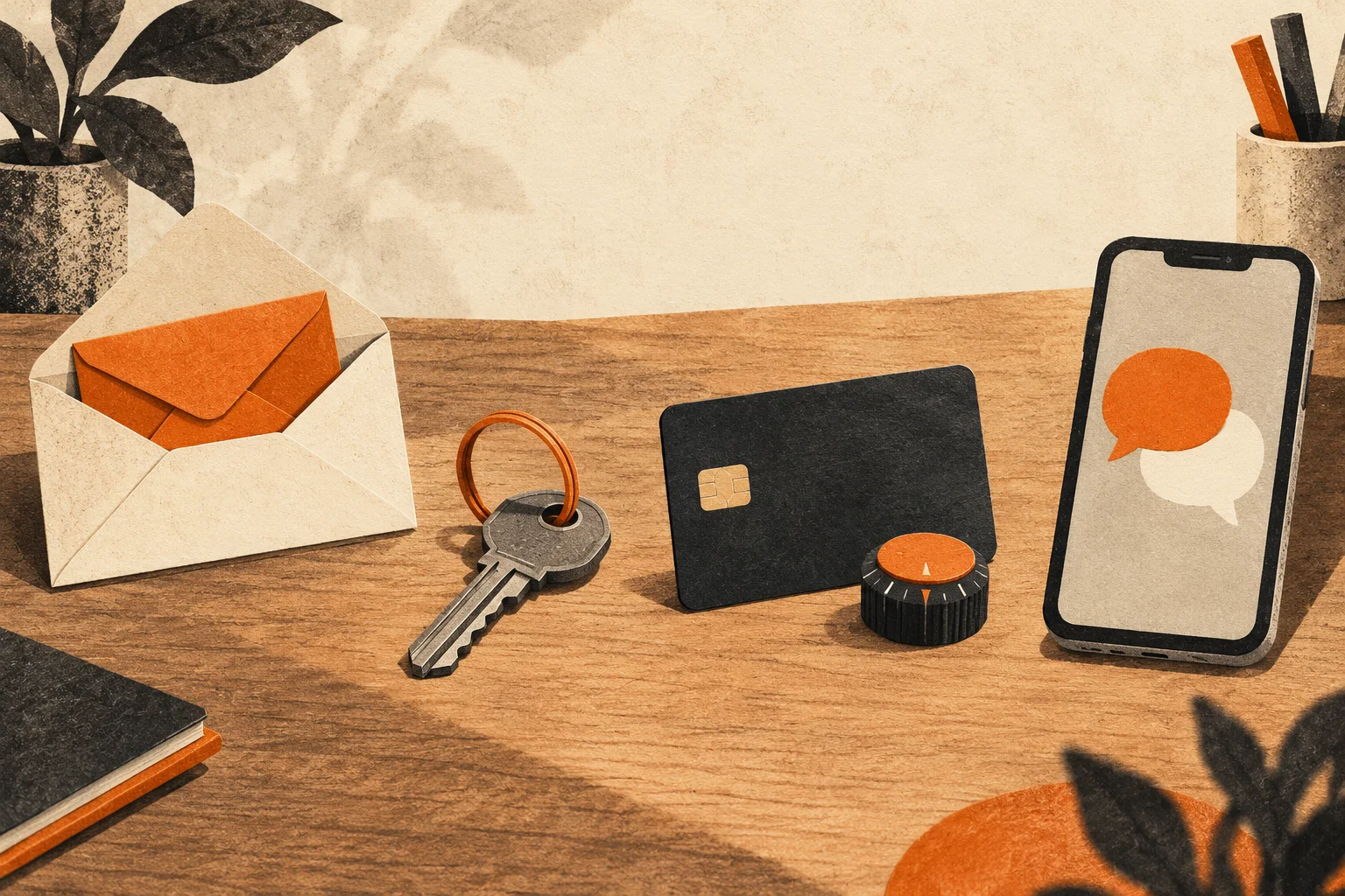An envelope, key, payment card, and phone representing four everyday privacy habits.