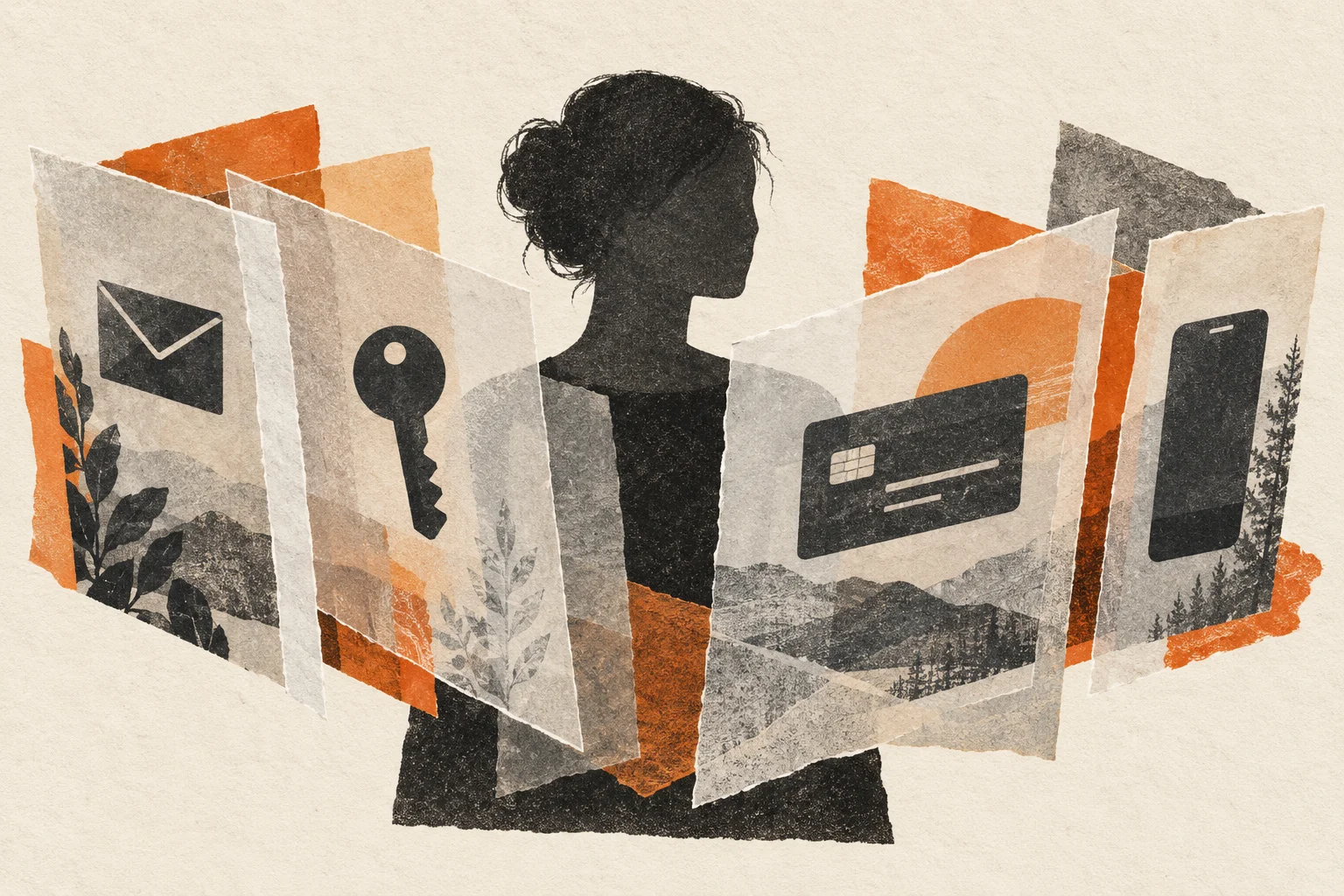 A person behind paper layers representing email, passwords, payments, and phone privacy.