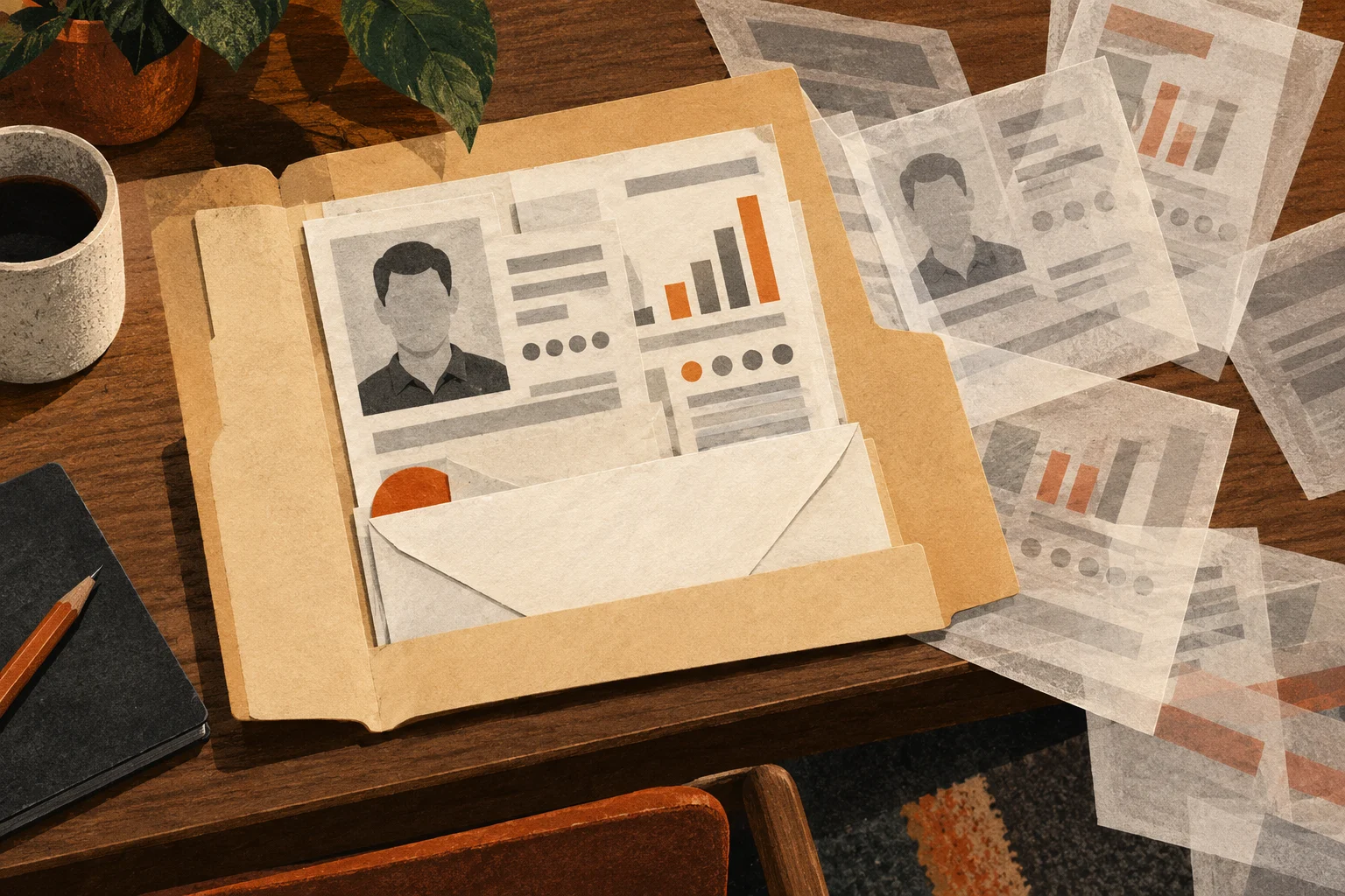 Identity documents and financial records spreading from an open folder.