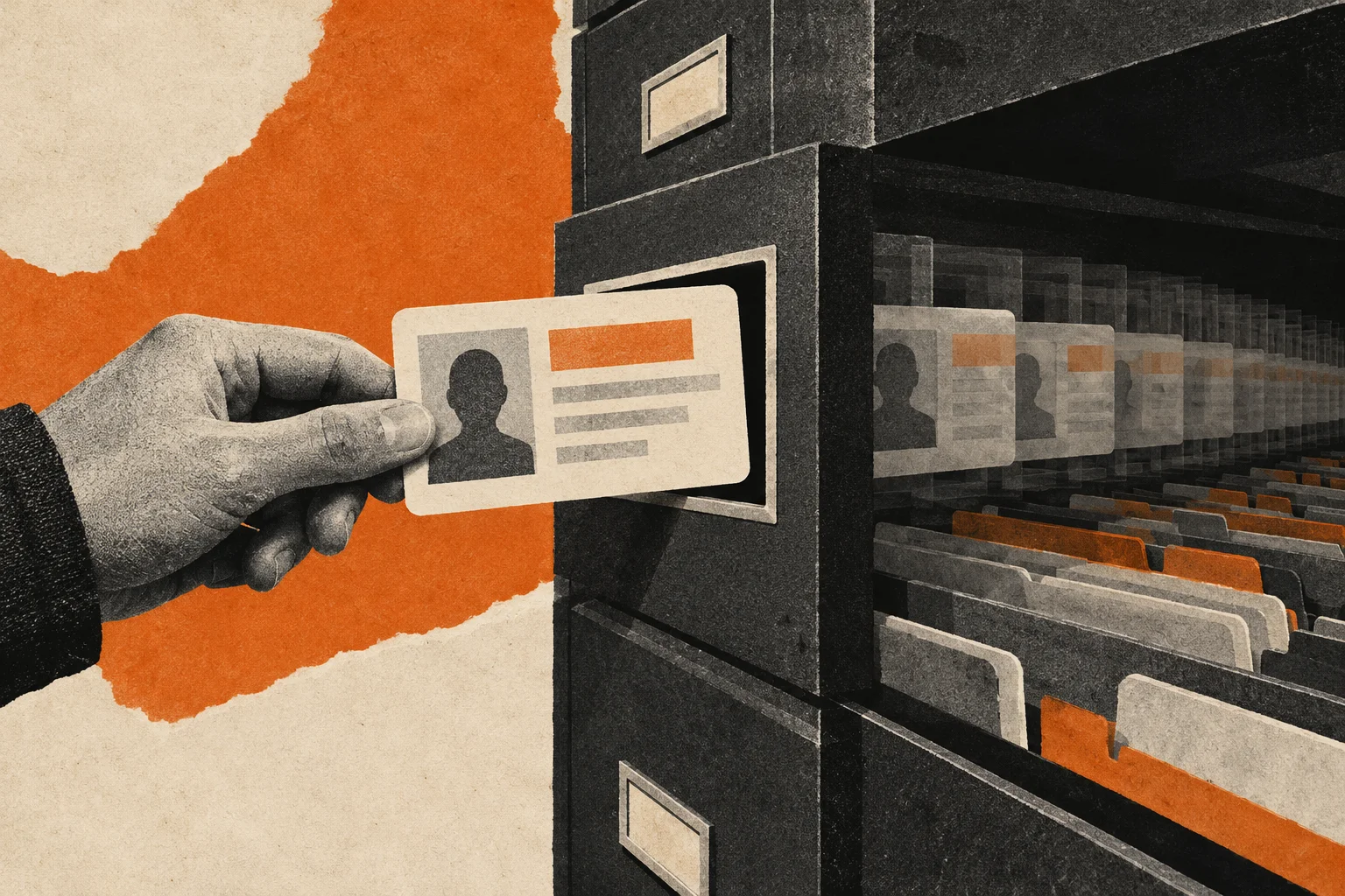 A hand submits an identity card while copies accumulate in a filing cabinet.