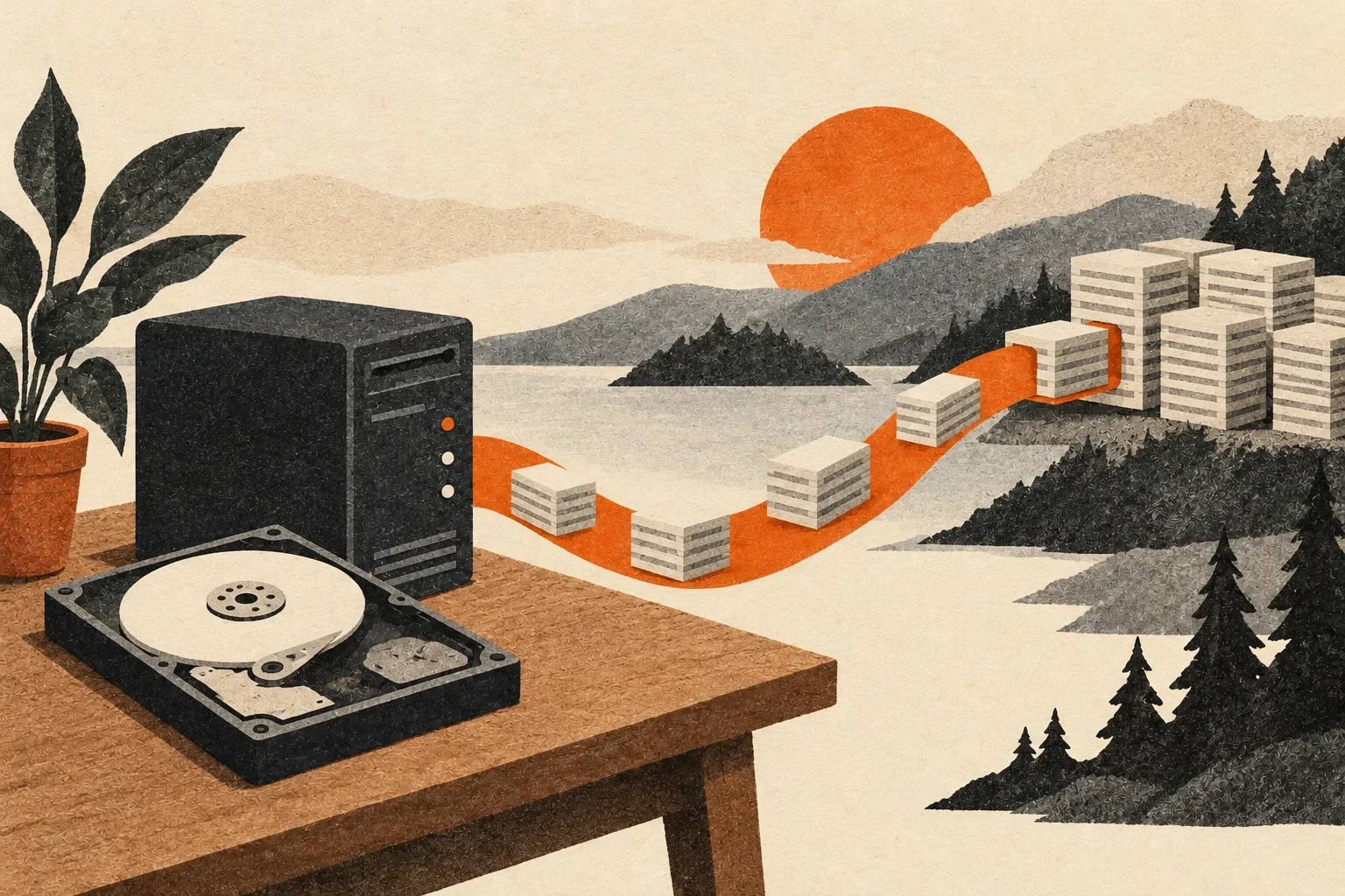 Paper blocks moving from a node server toward a hard drive and orderly storage stacks