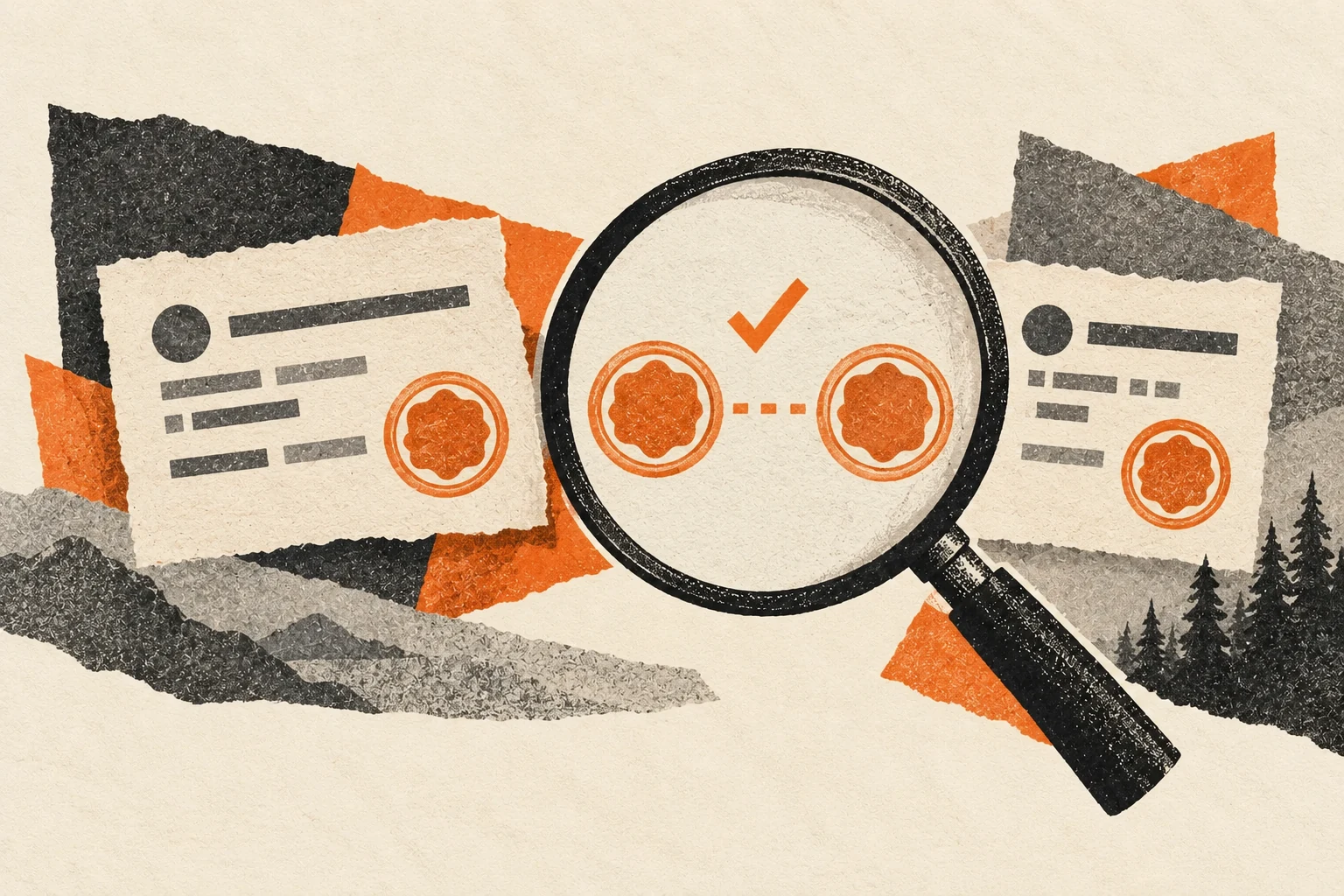 A magnifying glass checks matching orange signature seals on paper DNS records.