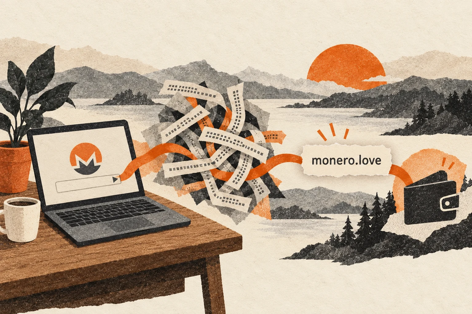 A tangled paper address becomes the simple name monero.love between a laptop and wallet.